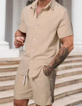 Men's striped printed casual suit set with short sleeve shirt and matching shorts in street style
