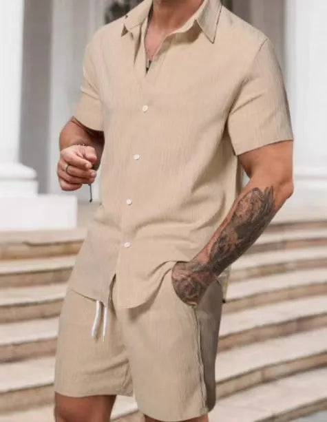 Men's striped printed casual suit set with short sleeve shirt and matching shorts in street style