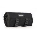 Motorcycle repair kit storage organiser in black, unfolded to show elastic straps and mesh zipper bag