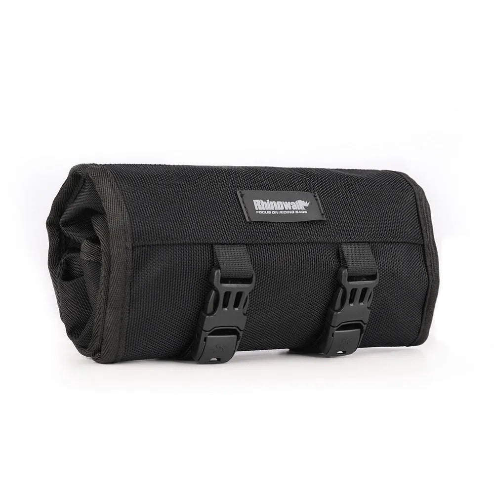 Motorcycle repair kit storage organiser in black, unfolded to show elastic straps and mesh zipper bag