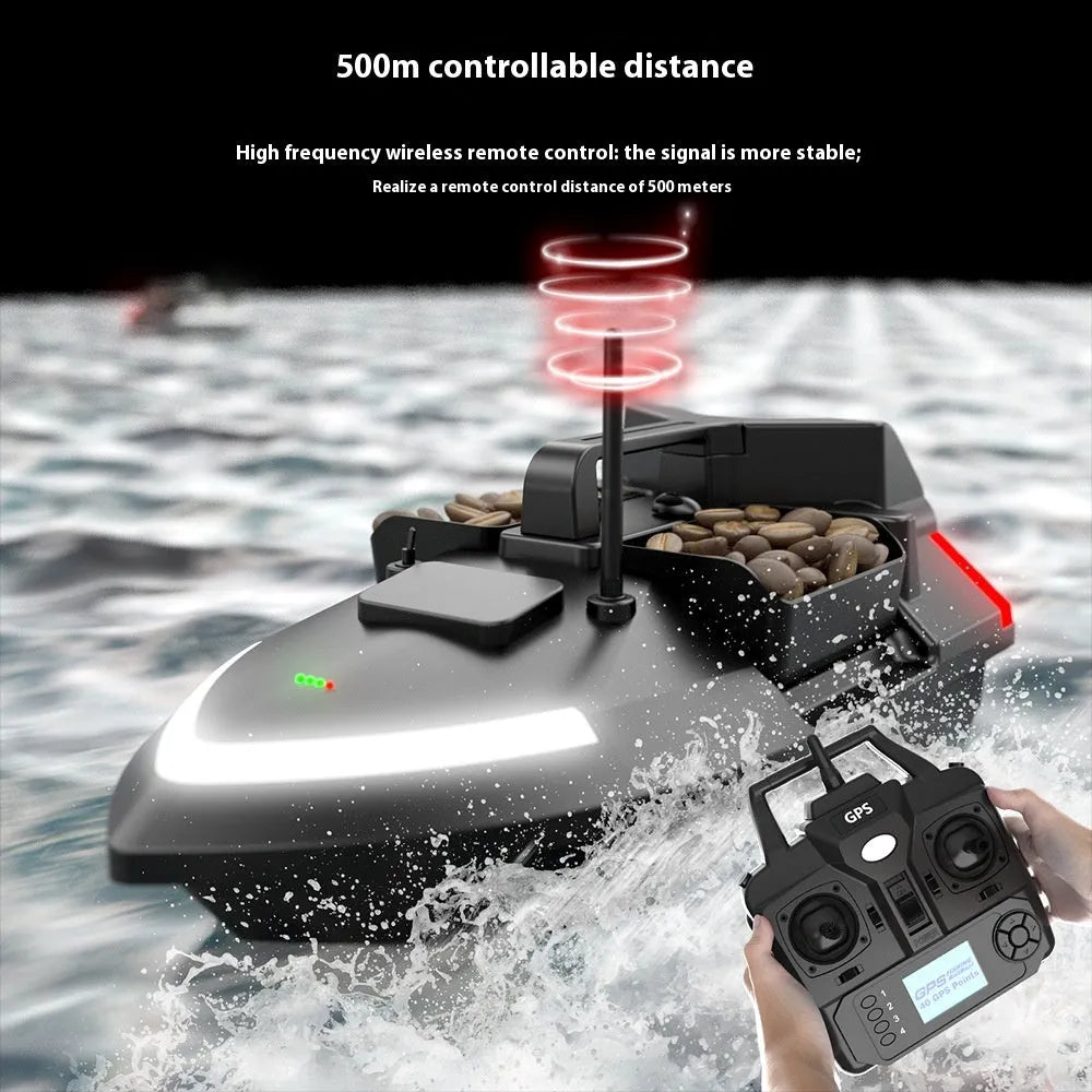 V020 black remote control fishing boat with GPS antenna on a calm lake at dusk