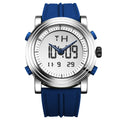 Black double display luminous electronic watch showing analogue hands and digital numbers on a 47 mm dial.