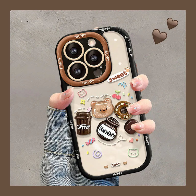 Coffee bear three-dimensional doll pendant drop-resistant silicone phone case for iPhone, cream black colour