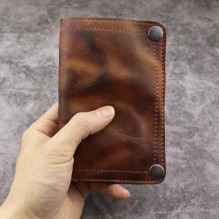Men's genuine leather vertical long wallet with multiple card slots and coin pocket