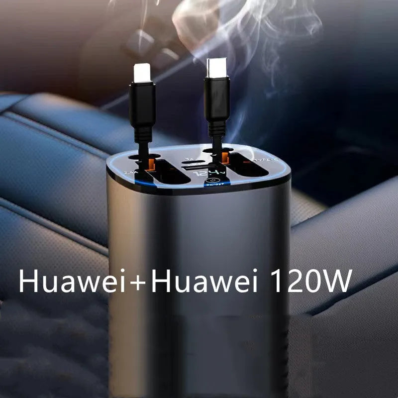 Automatic retractable car charger plugged into a vehicle cigarette lighter socket with its cable extended.