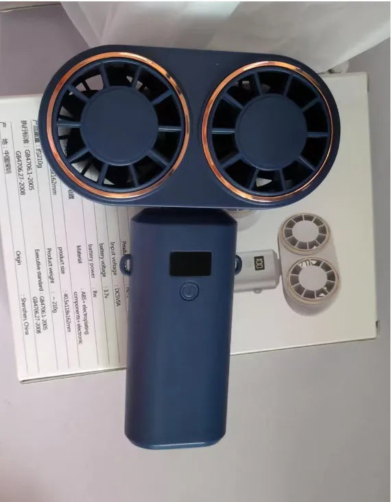 Folding USB handheld mini fan with digital display screen in milky white colour showing 5-speed settings