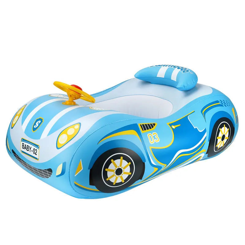 Pink inflatable car-shaped swimming ring with cartoon sports boat design for children.
