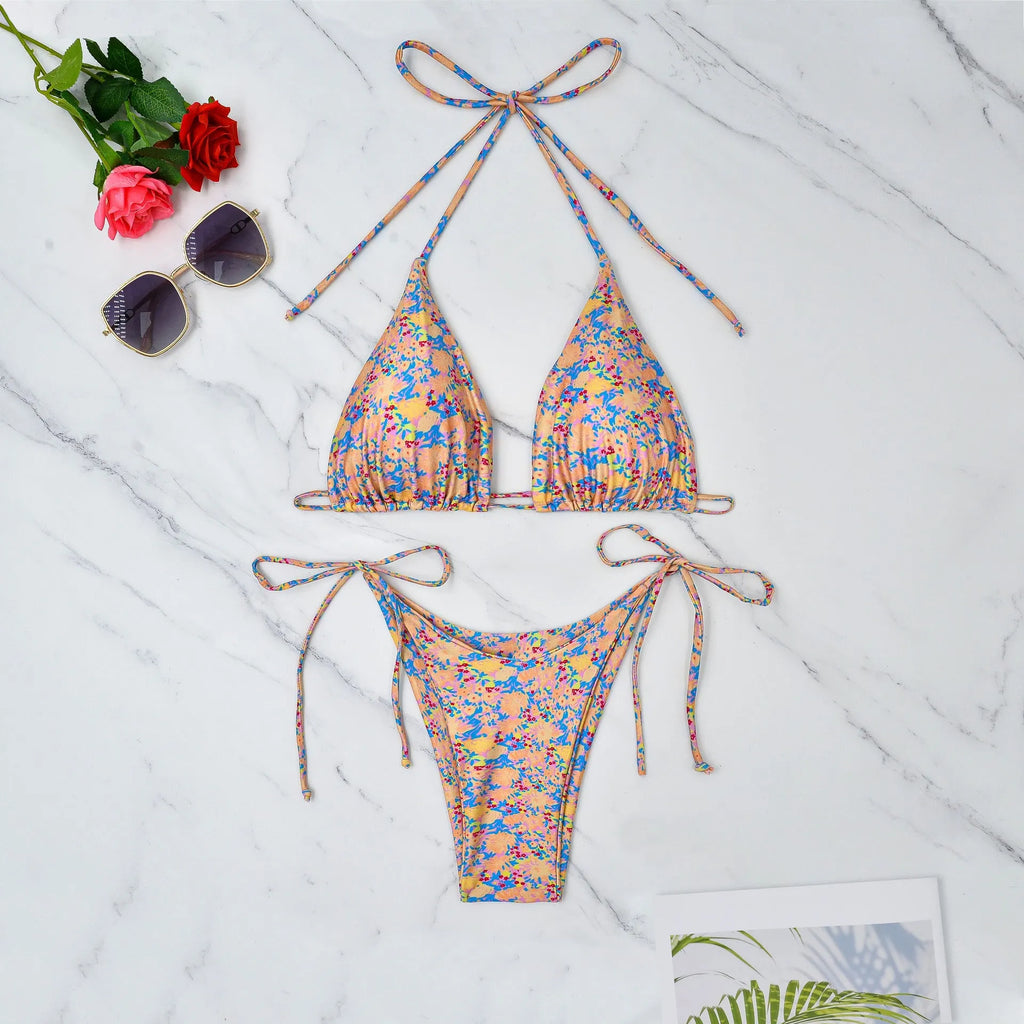 Lace-up bikini swimsuit with split briefs and backless design for swimming sports