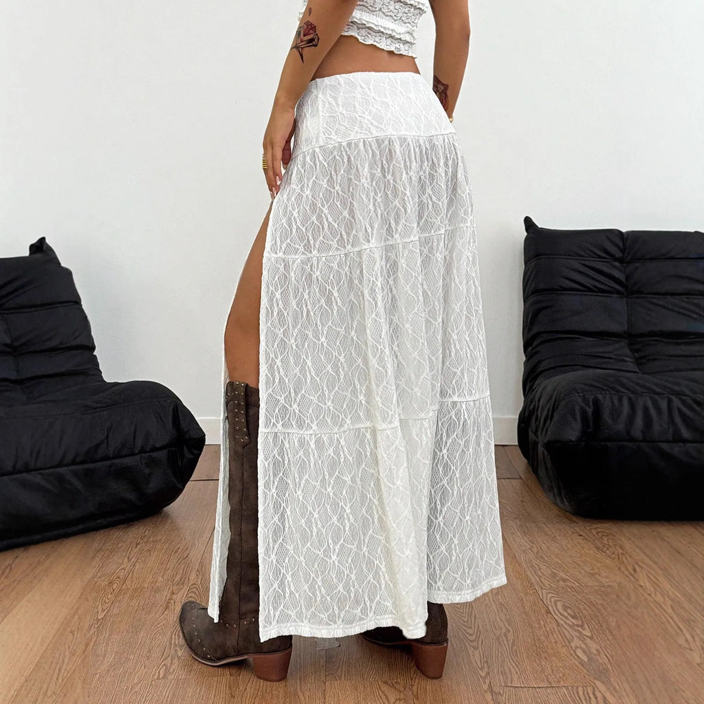 White women's A-line skirt with lace side seam and jacquard texture for beach or street fashion