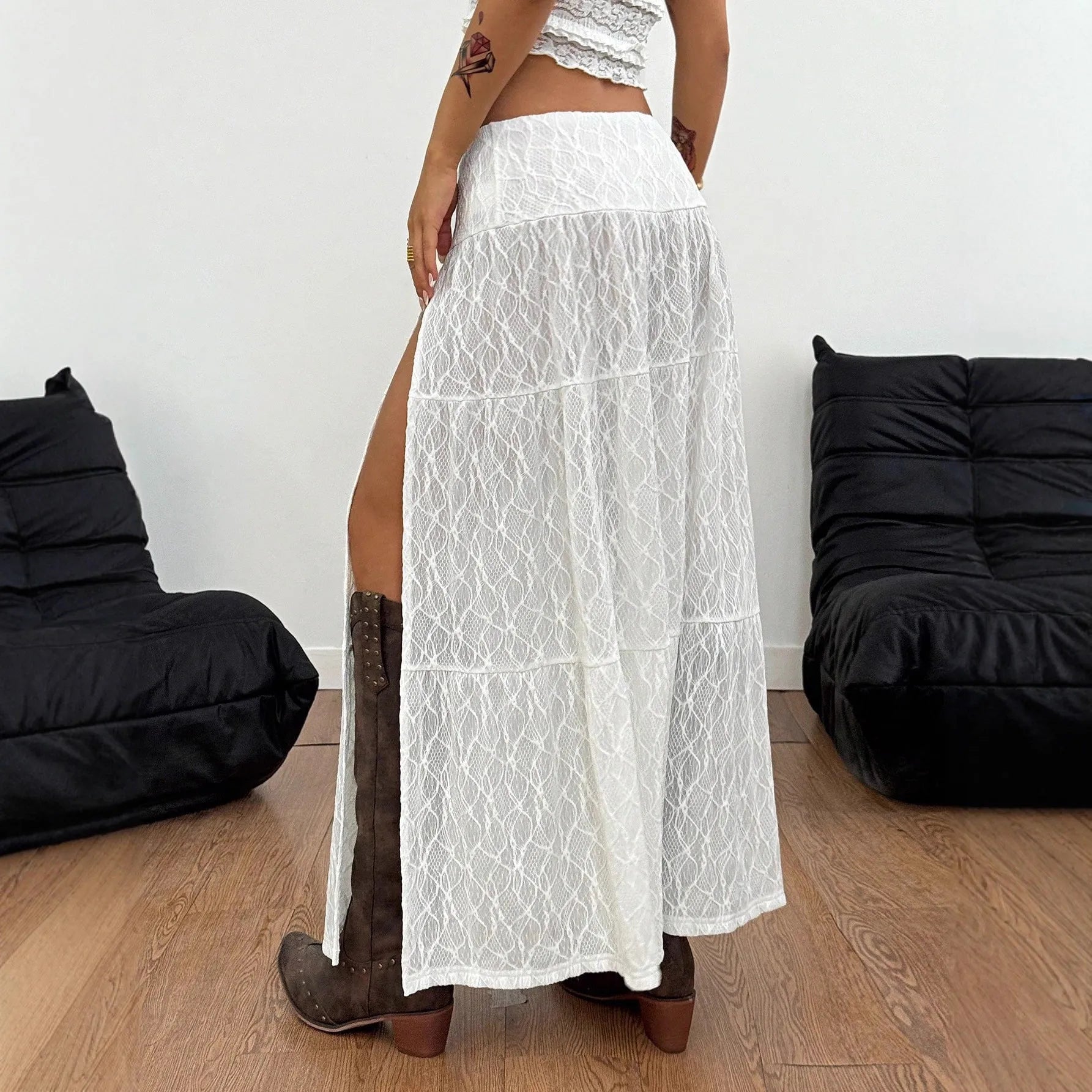White women's A-line skirt with lace side seam and jacquard texture for beach or street fashion