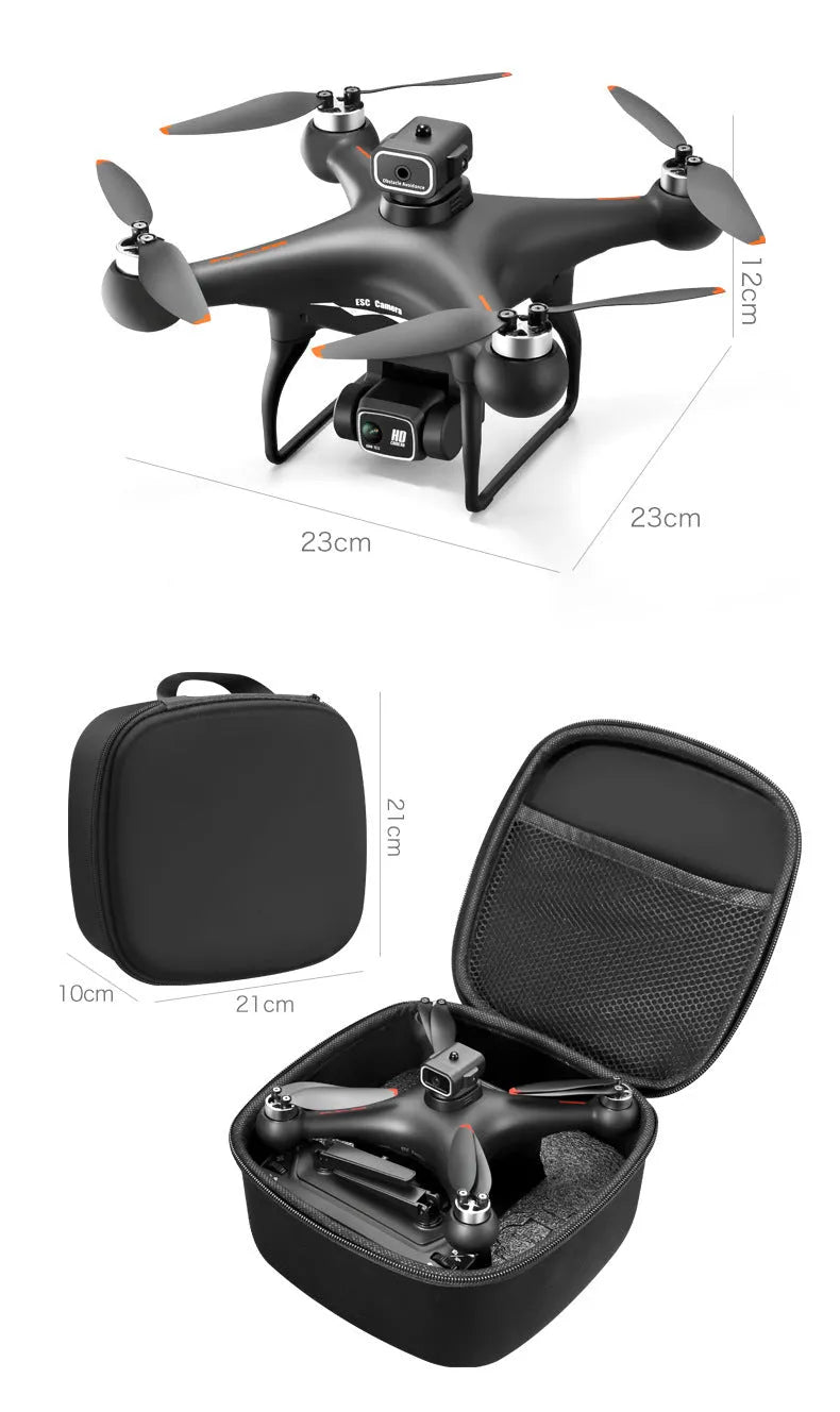 Black HD version of a compact brushless motor UAV drone with four-side obstacle avoidance sensors and a dual camera.