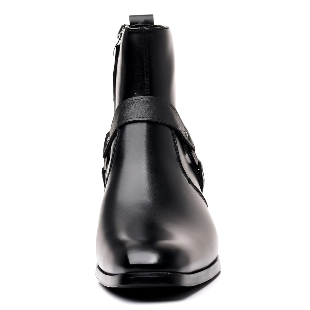 Unisex black ankle boots with side zipper, square toe, chain and rivet details on a horseshoe heel.