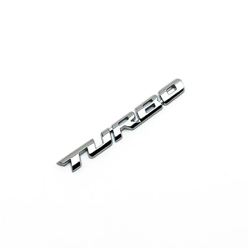 3D TURBO stereo car sticker in zinc alloy with raised letter design, available in black, red, and silver colours