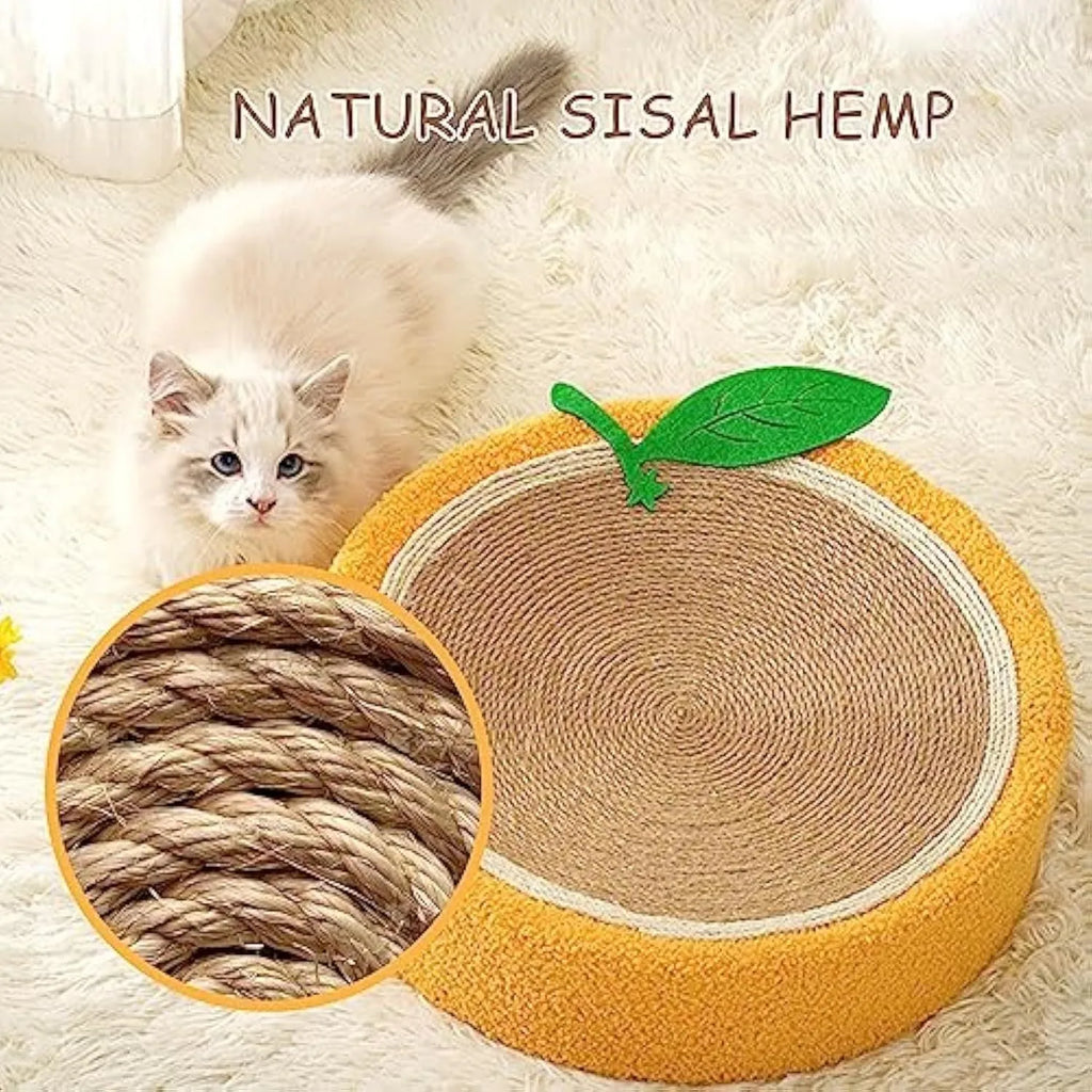 Yellow round sisal cat scratching board and bed for small breeds.