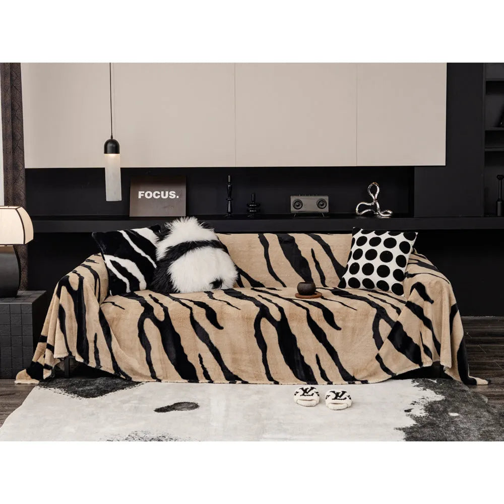 Zebra pattern flannel sofa slipcover with matching pillowcase in caramel colour option