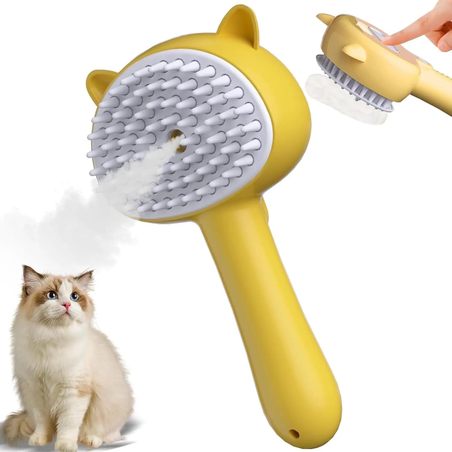 Blue 4-in-1 cat steam brush with ergonomic handle and rubber bristles for pet grooming