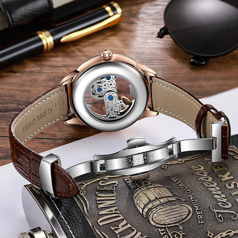 Men's rose gold zircon dial mechanical watch with leather strap and transparent case back.