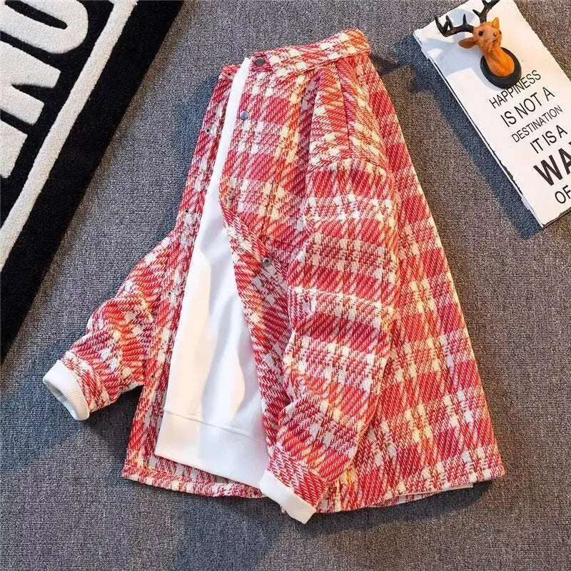 Casual all-matching plaid shirt jacket in light blue with loose fit, woolen fabric, and polyester lining, size M-3XL