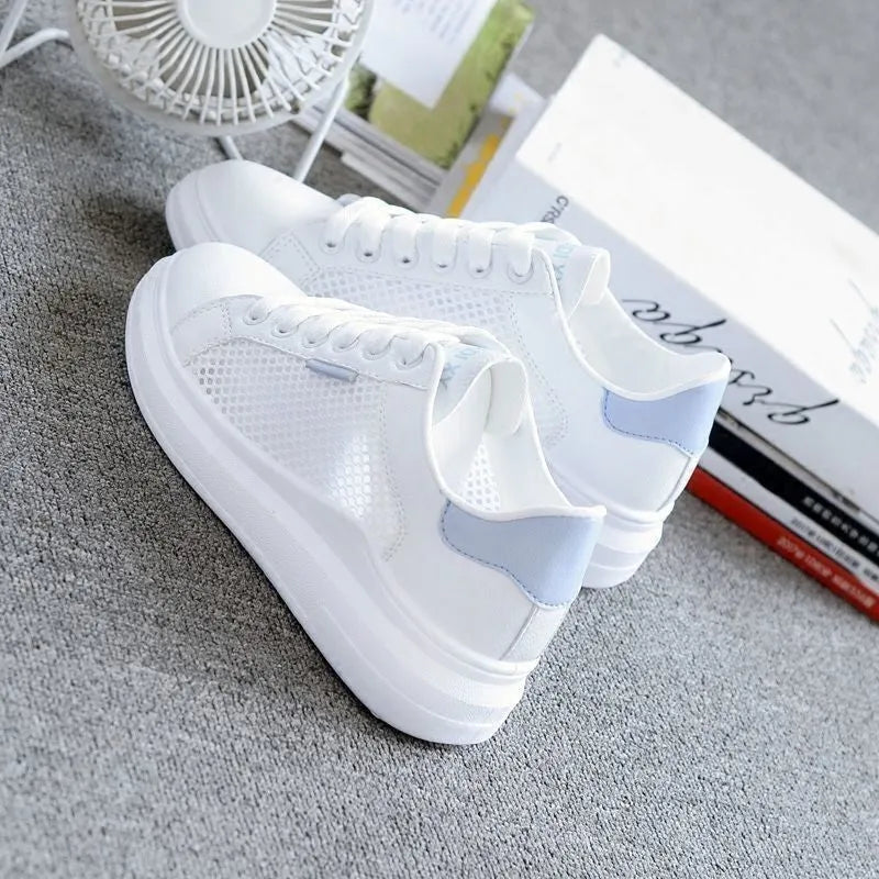 Women's casual mesh breathable sneakers, lightweight lace-up with rubber sole, available in black, light blue, pink