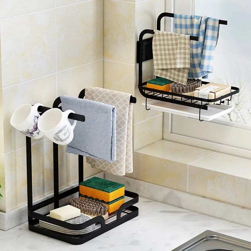 Foldable white plastic kitchen draining rack in a Chinese style, shown both mounted on a wall and standing on a countertop.