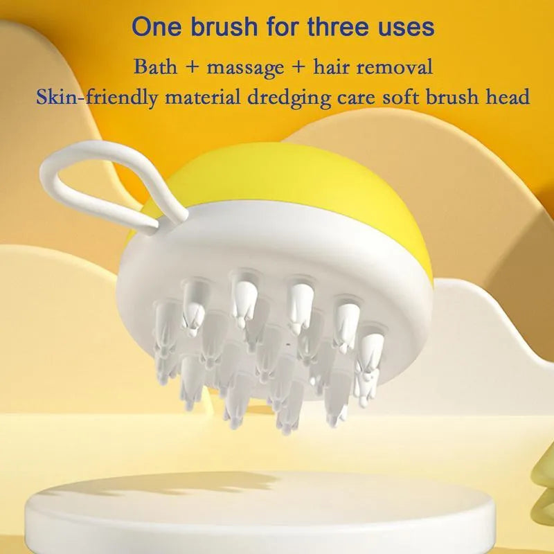 Blue dog shampoo brush with silicone bristles showing 3-in-1 bath tool design