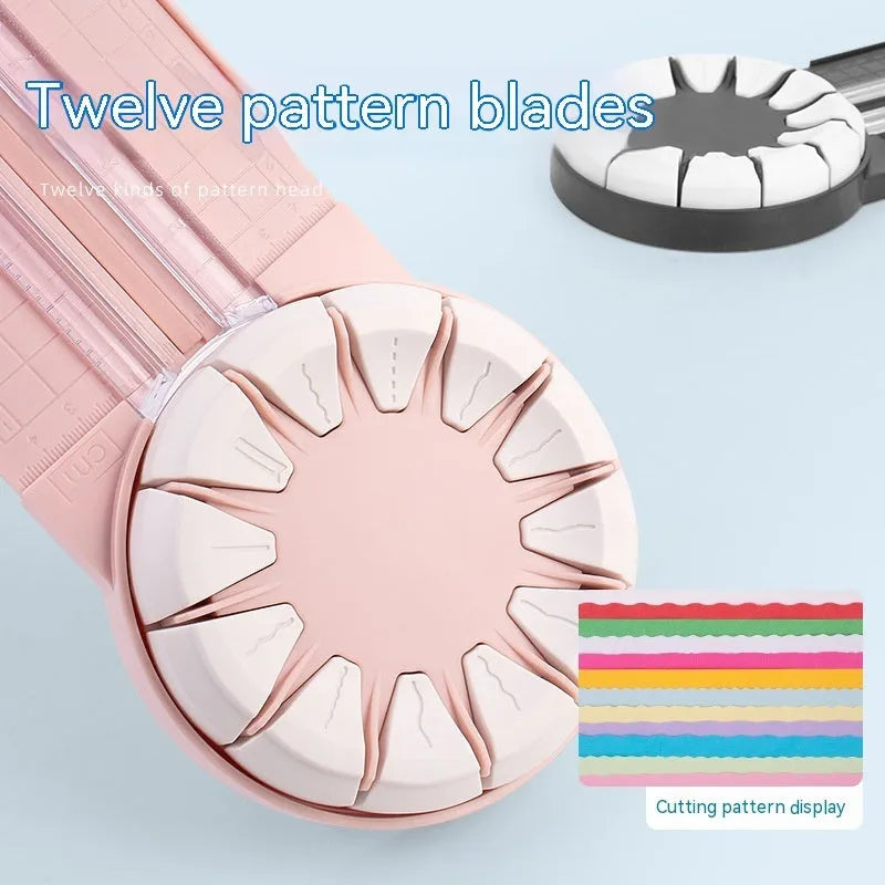 Pink and black 12-in-1 decorative edge paper cutting machine for A4 paper on a desk.
