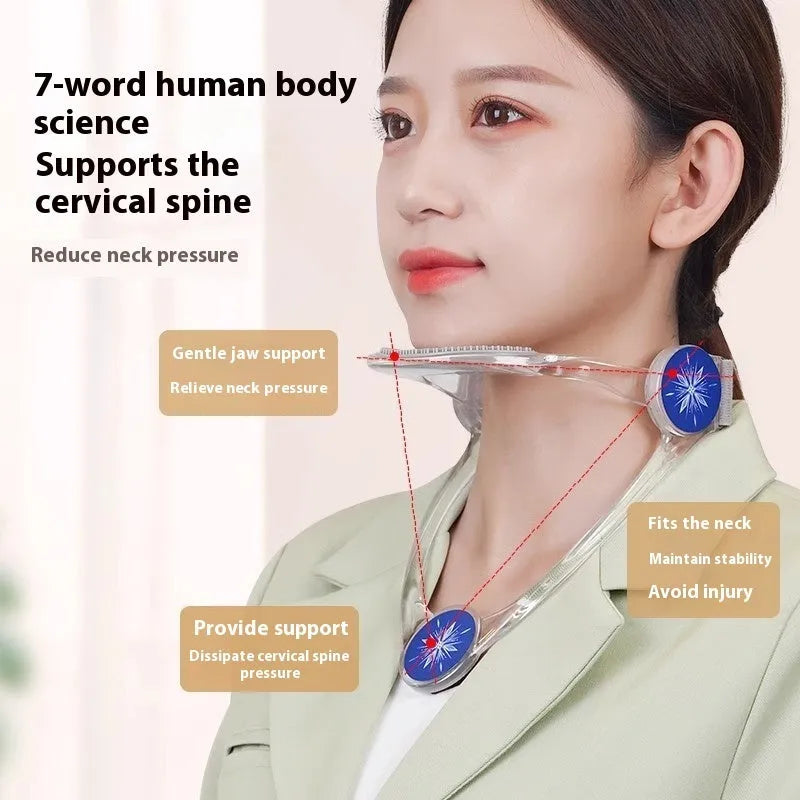 Adjustable cervical spine correction brace in blue, pink, and transparent for adults and children.