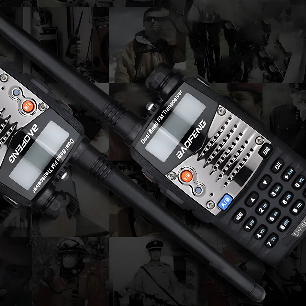 Baofeng UV-5RA black handheld dual-band two-way radio with dual display screen and keypad.