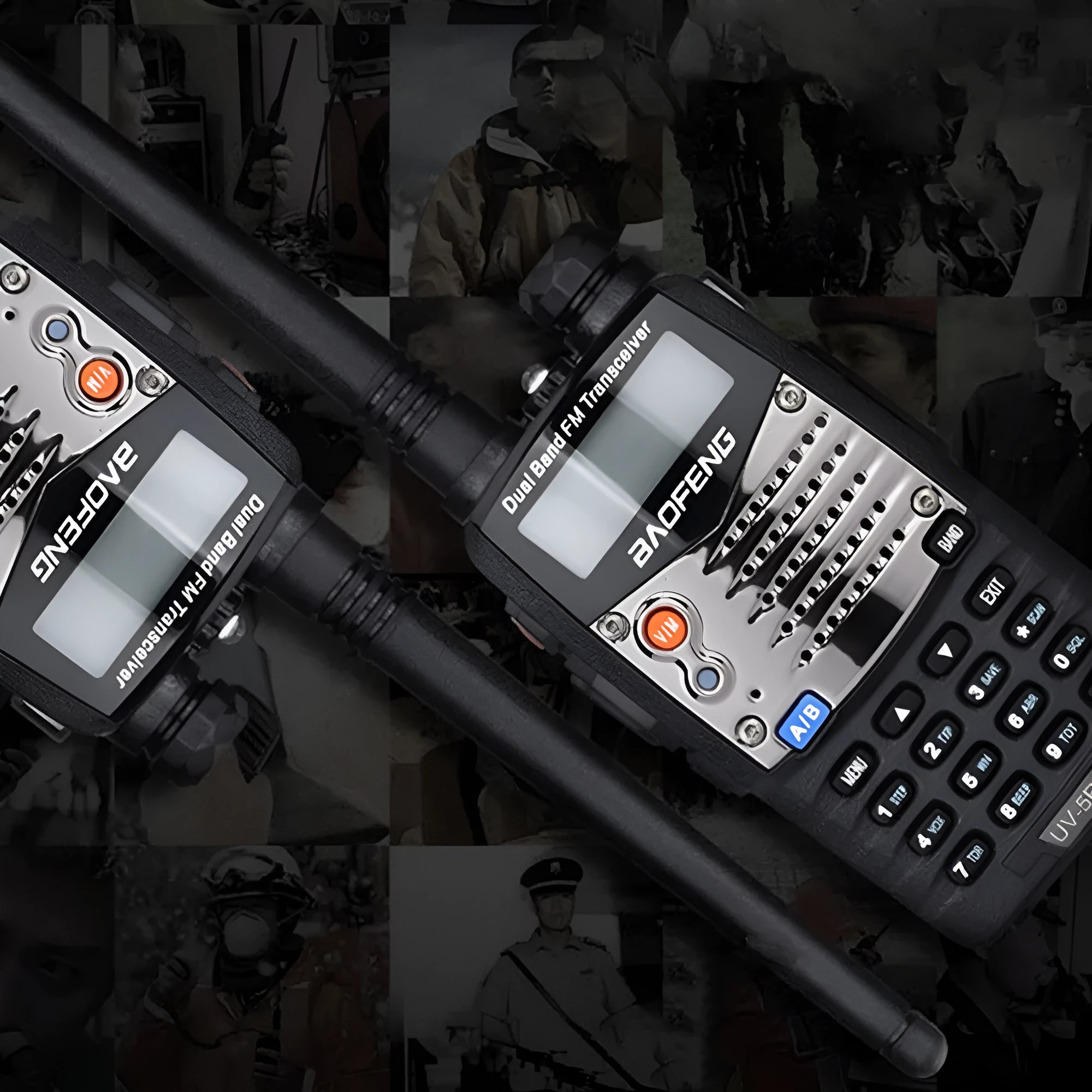 Baofeng UV-5RA black handheld dual-band two-way radio with dual display screen and keypad.