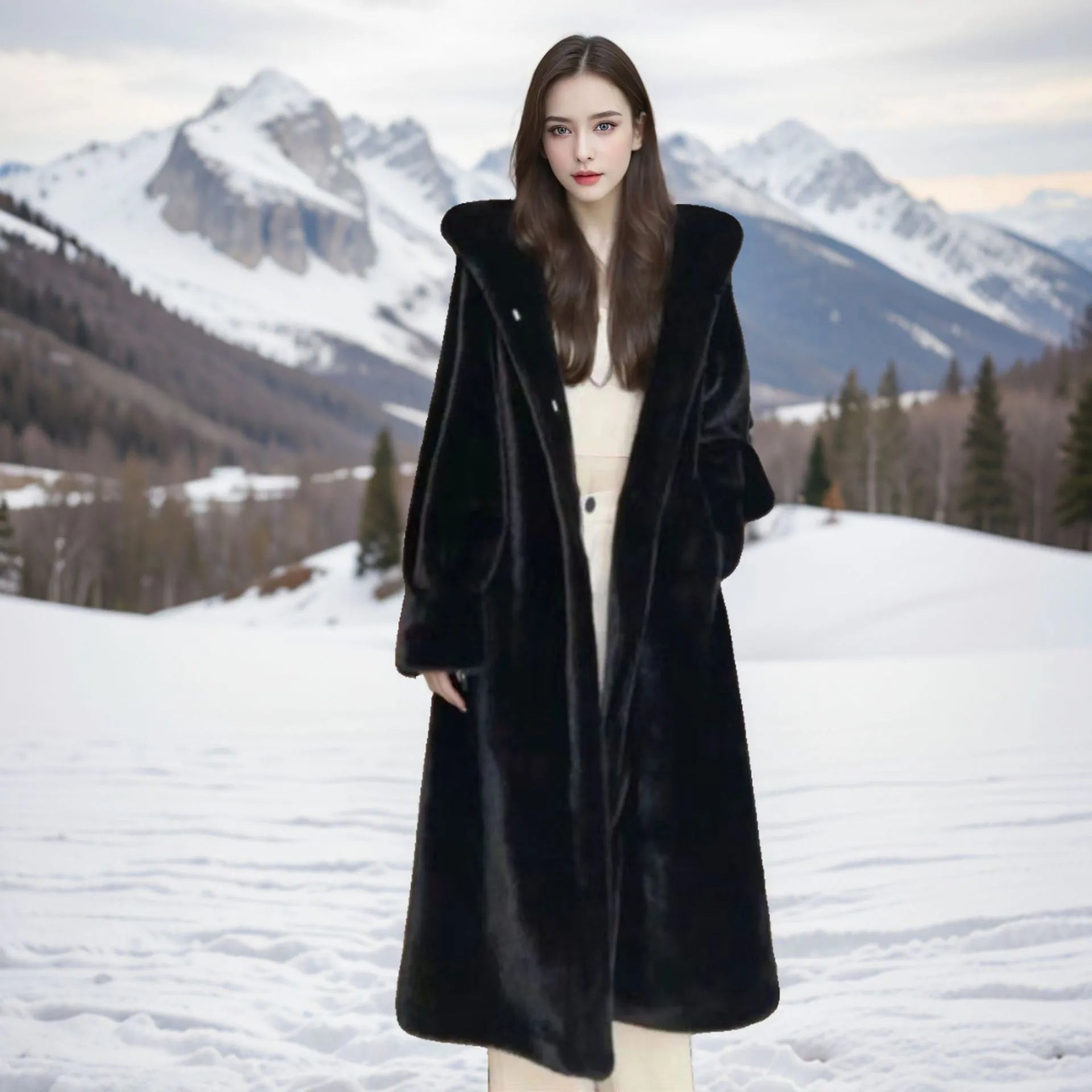 Long brown leopard print faux fur coat on a plus-size model, showing its 100cm length and loose fit.