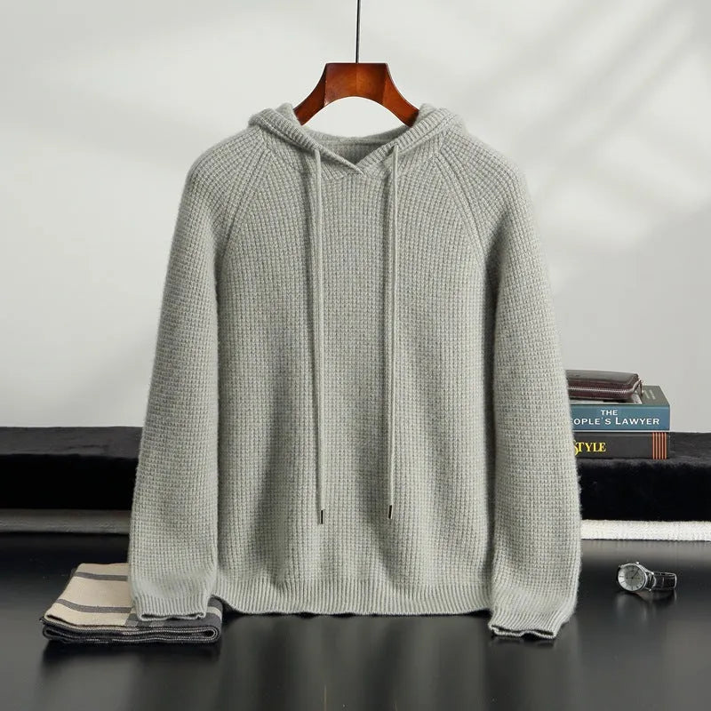 Hooded cashmere sweater in camel, grey-green or navy blue, loose thickened winter pullover with long sleeves, sizes S to XXXL.