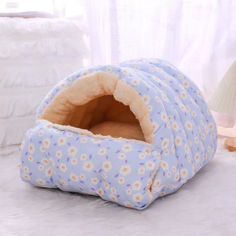 Closed winter cat nest with removable floral cloth cover in M and S sizes