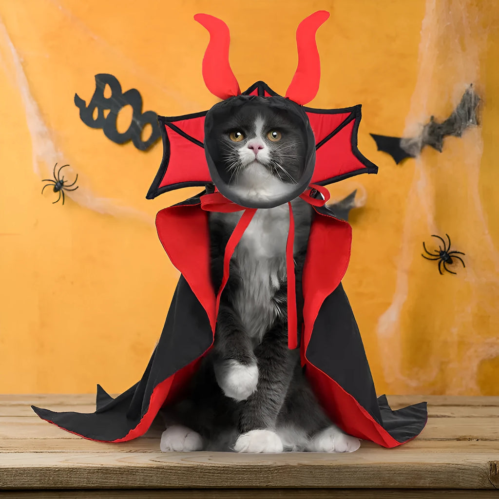 Black polyester vampire cloak and hat Halloween costume for a dog or cat on a white background.