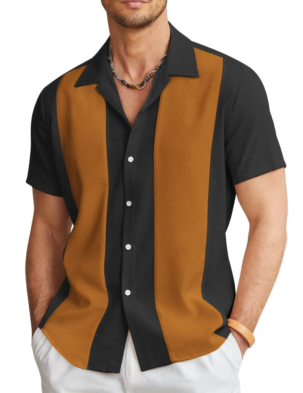 Man wearing a slim fit, short sleeve Hawaiian print shirt with a cardigan style.