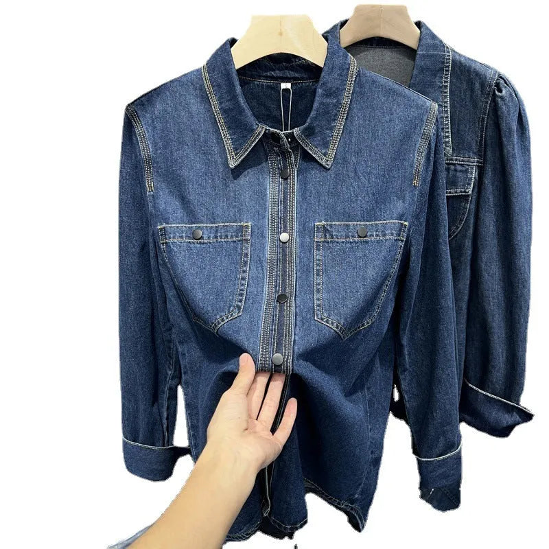Layered retro top in denim-style polyester fabric with long sleeves, available in sizes S to 2XL