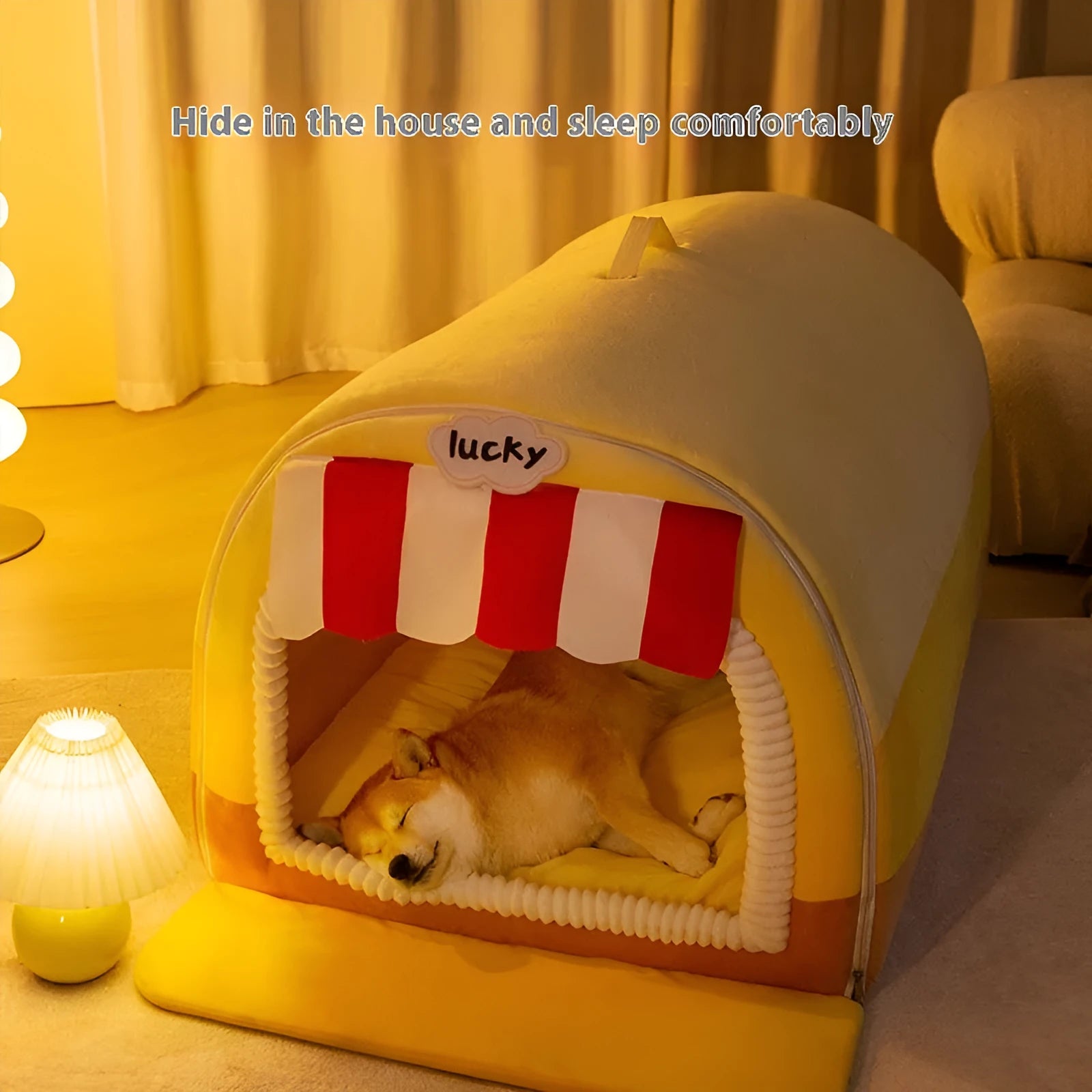 Sponge dog bed with painted autumn winter designs in rock yellow, green, and brown colour options