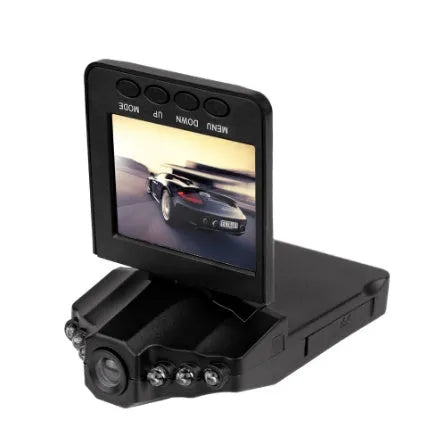 H198 car dash cam on a dashboard showing its 2.4-inch screen and infrared LEDs for night vision.
