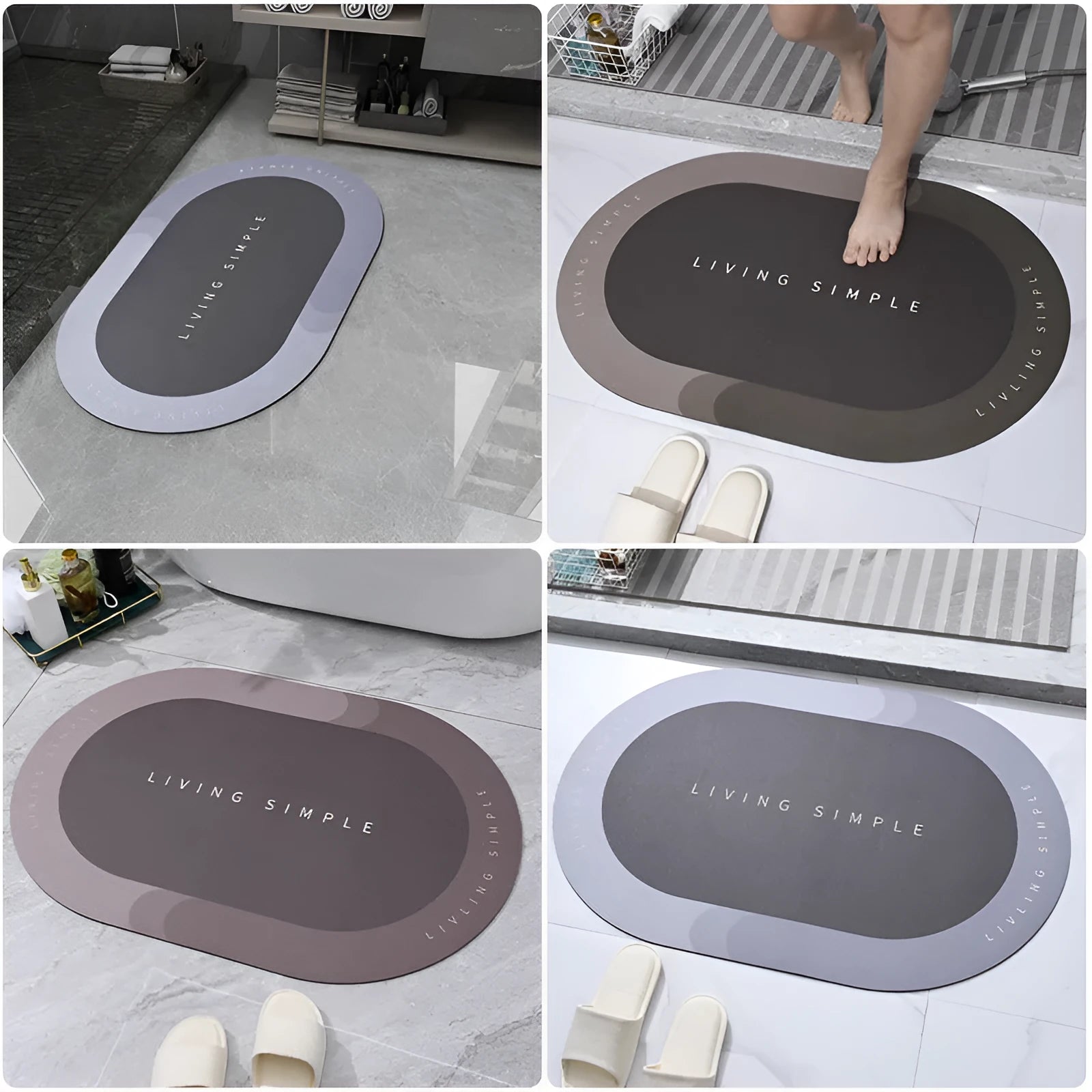 Oval grey polyester door mat with textured rubber non-slip backing on a wooden floor.