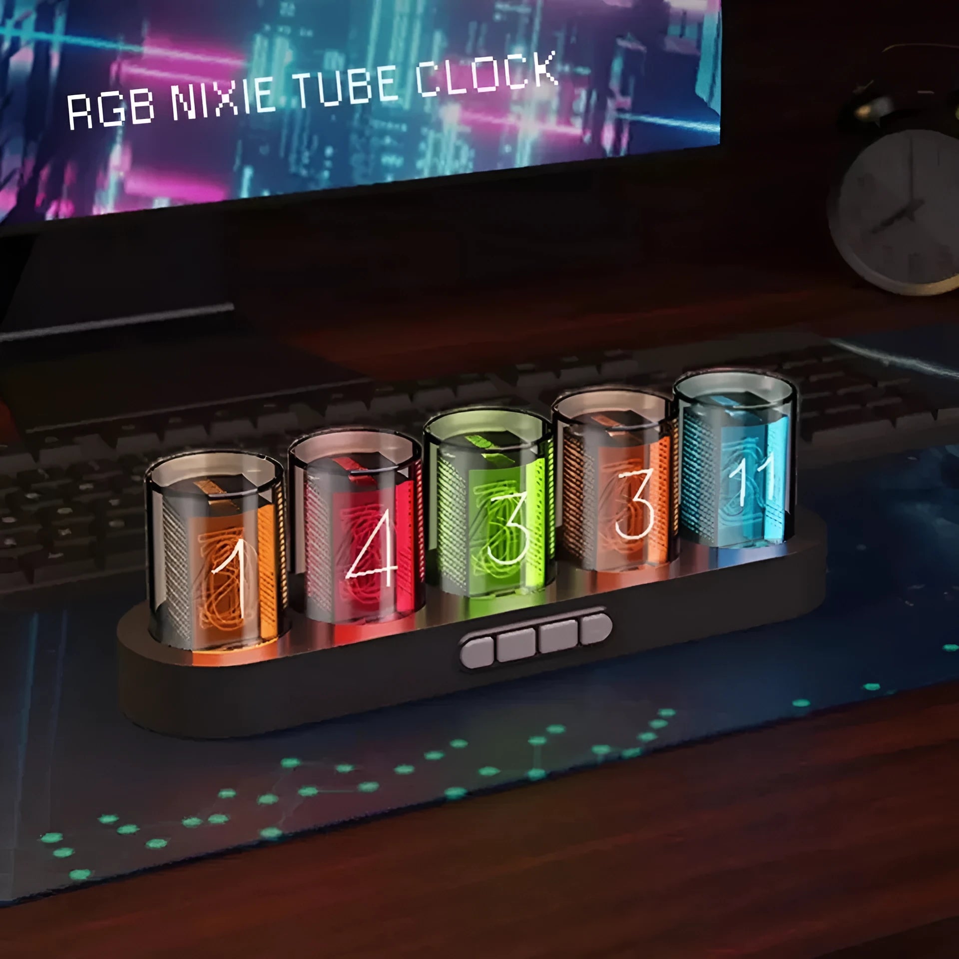 RGB Luminotron LED digital clock showing colourful display on desk with USB cable