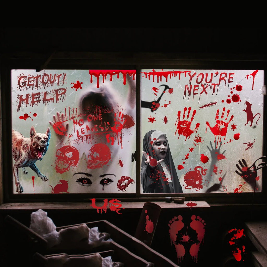 PVC horror wall sticker set with blood hands, feet, and skull motifs in New Blood Stain colour on a smooth wall