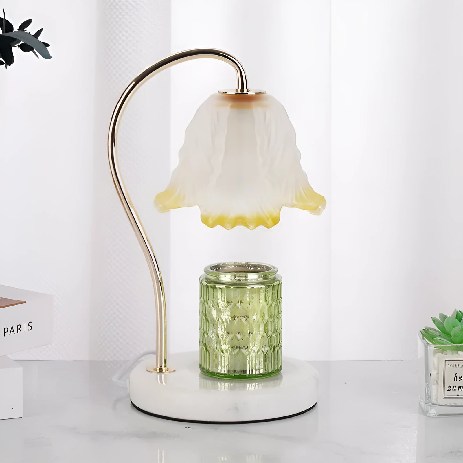 Candle light log aromatherapy table lamp with glass lampshade on nightstand, two bulbs lit, natural wood base