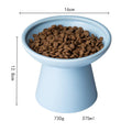Ceramic elevated cat food bowl set in blue green pink or white colours with wide shallow design