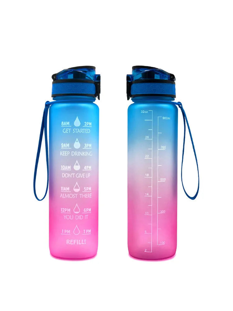 Transparent 1000ml sports water bottle with fruit infuser lid showing BPA-free Tritan plastic construction