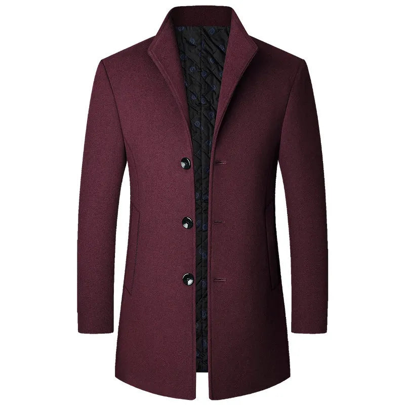 Men's wool-polyester blend solid colour casual coat for autumn and winter, front view