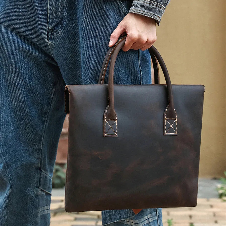 Genuine crazy horse leather men's handbag in coffee colour thin profile