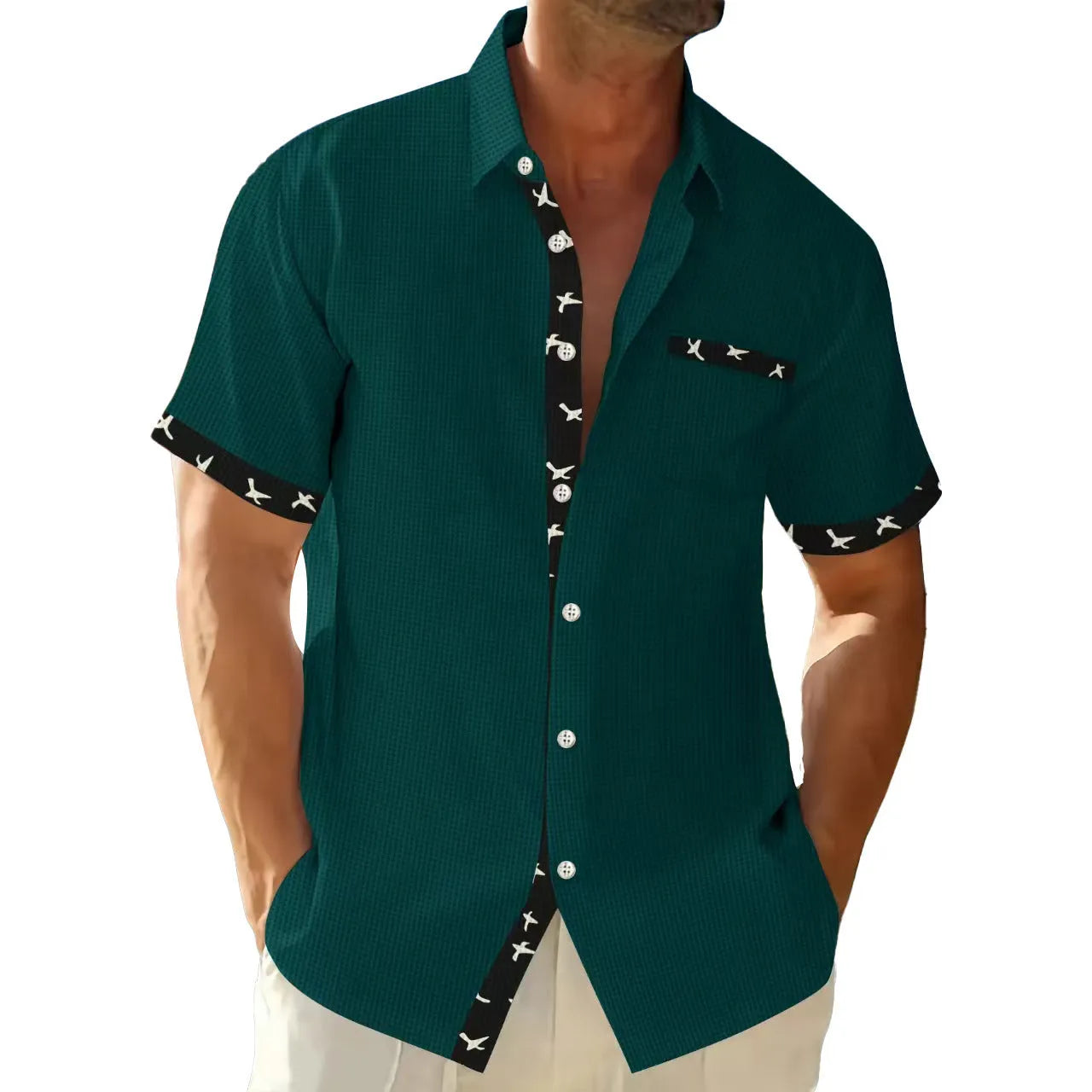 Men's loose casual floral cardigan t-shirt shirt in black polyester fibre, front view