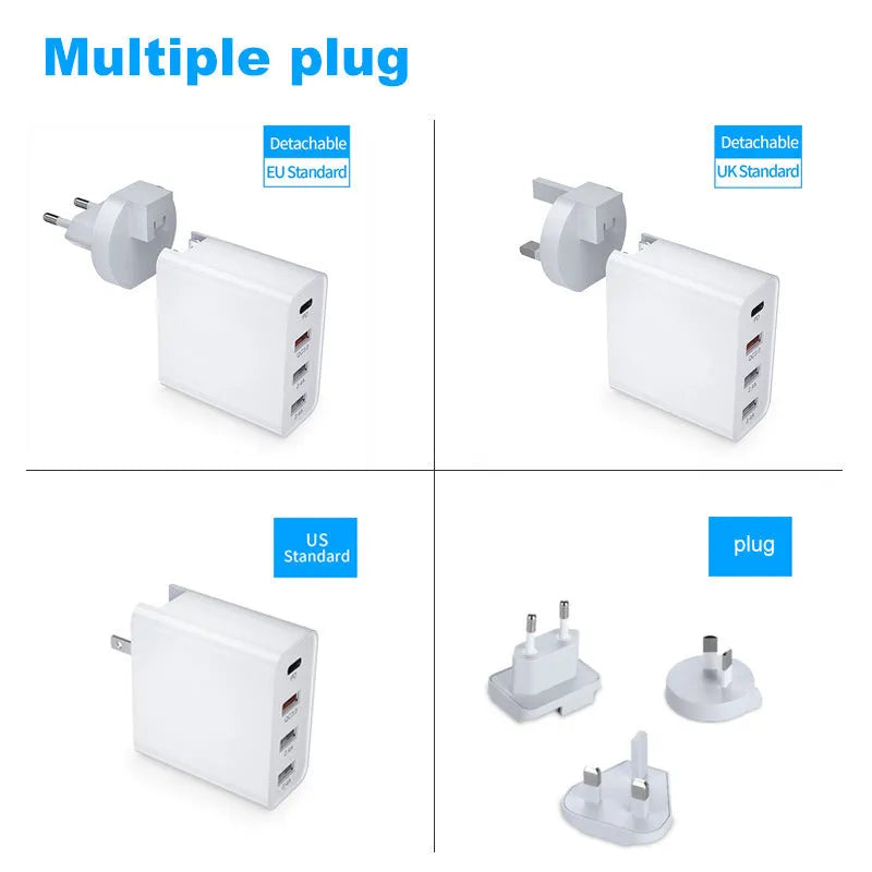 White multi-port fast charge wall charger with UK plug on a table.