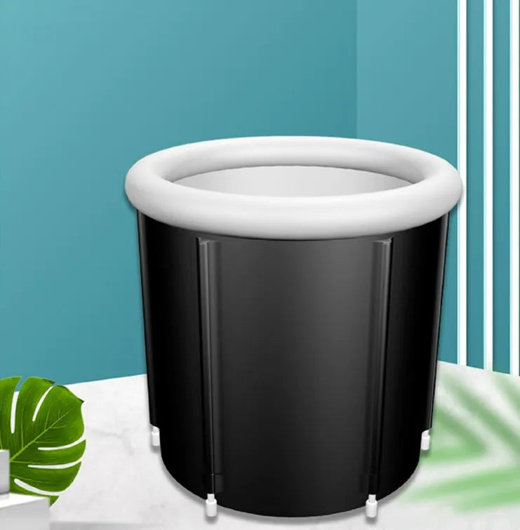 Black inflatable portable ice bath tub with elasticated weather lid, shown at 70x80cm size.