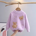 Mink fur plush children knitted sweater for girls, solid colour with cartoon and letter print, pullover style