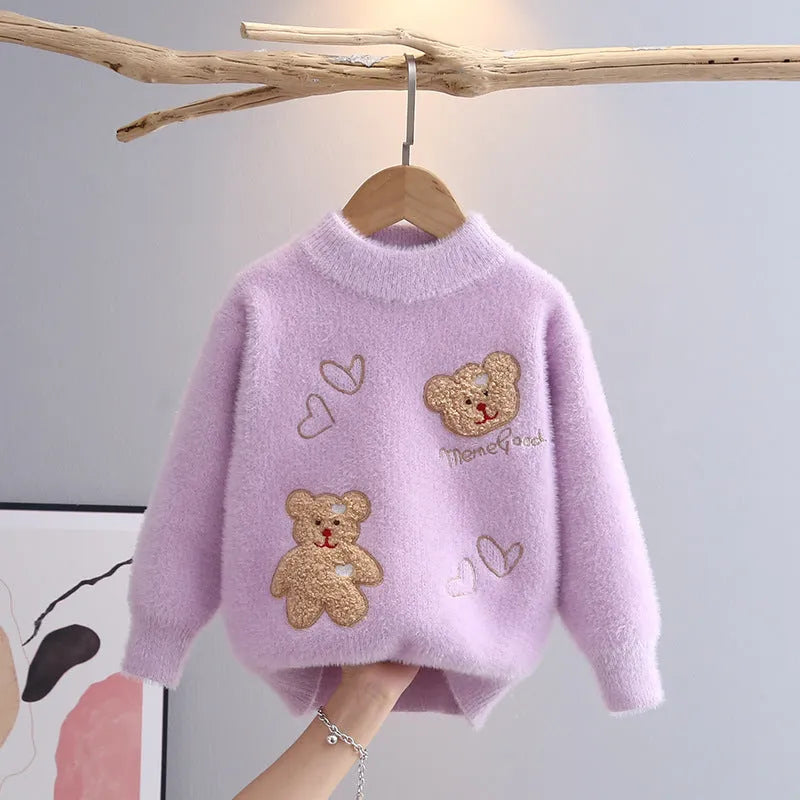 Mink fur plush children knitted sweater for girls, solid colour with cartoon and letter print, pullover style
